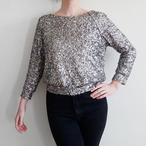 Alice + Olivia Silver Sequin Wide Neck Silk Top